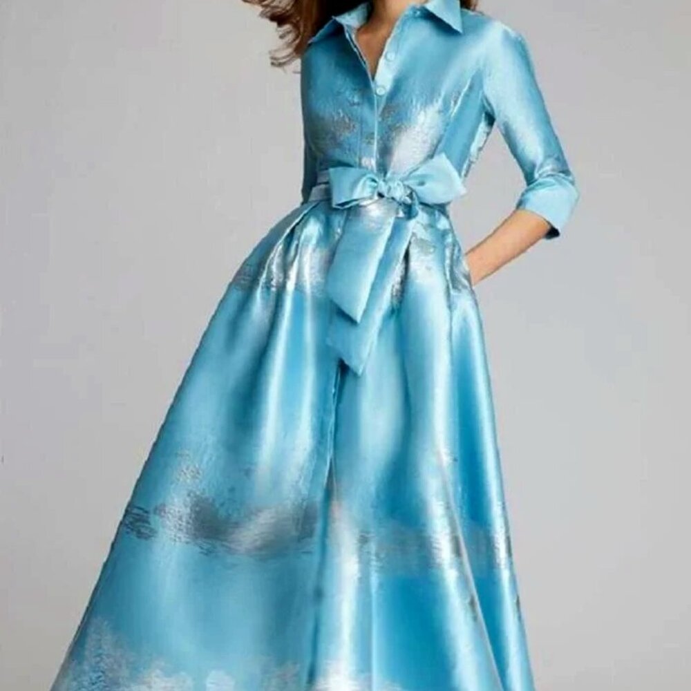 MAXI BUTTON DOWN OCEAN PRINT DRESS WITH POCKETS - MEDIUM